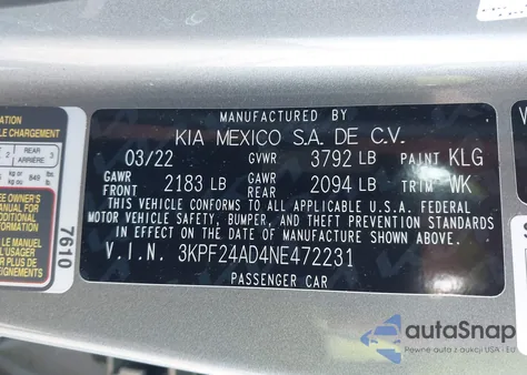 2022 Kia Forte Lxs z USA, uszkodzony, nr VIN 3KPF24AD4NE472231